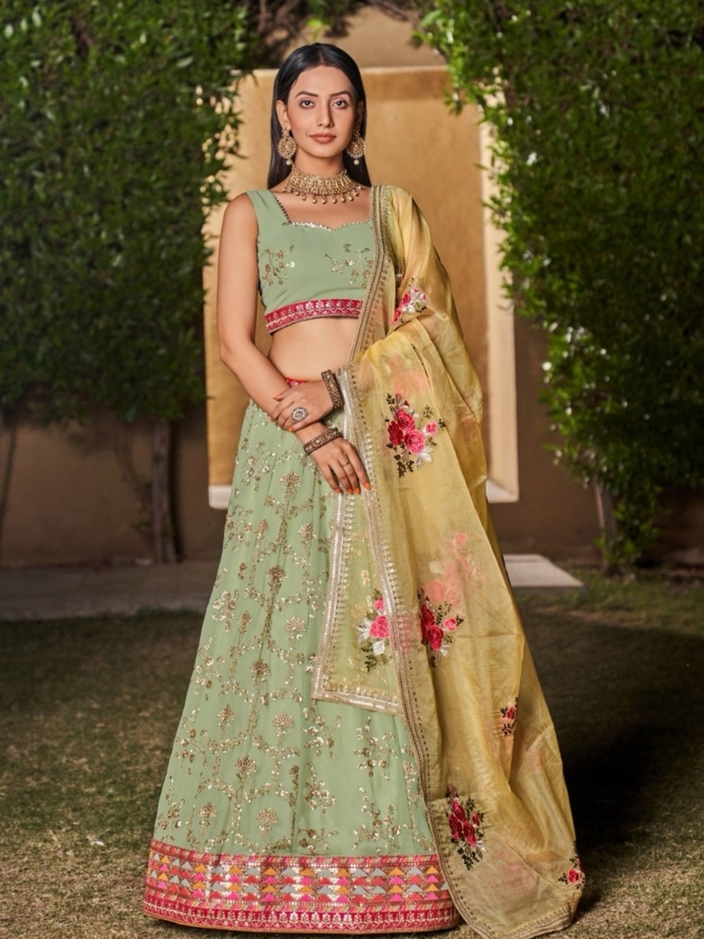 Elegant Sage Green Embroidered Lehenga Dress with Floral Dupatta